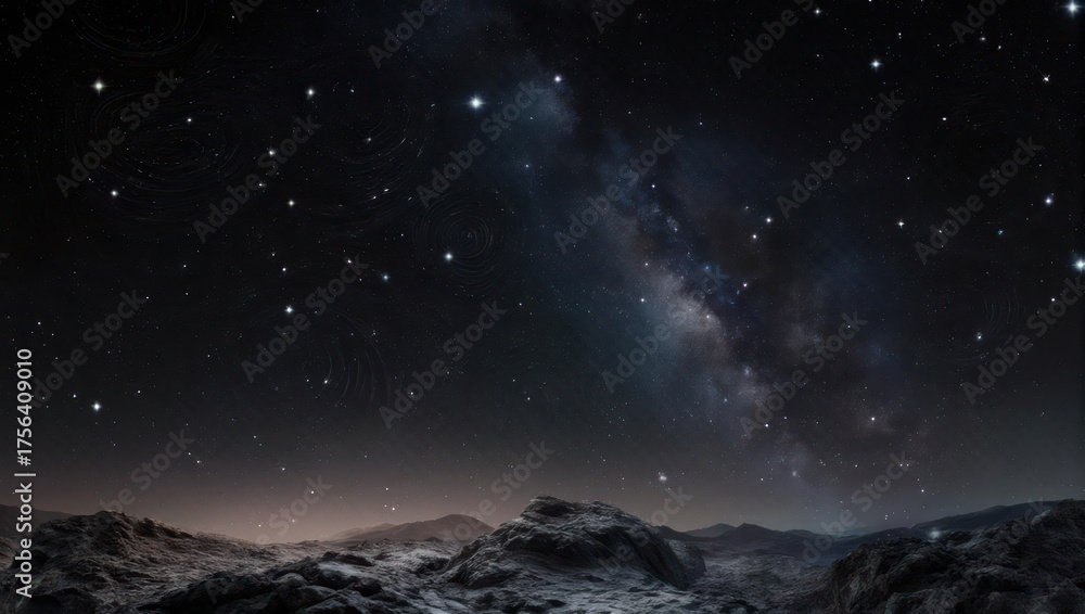 Fototapeta premium A darkened, rocky landscape against a vividly starlit night sky, showcasing the Milky Way