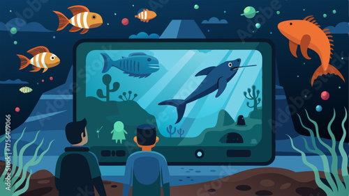 A digital screen displays realtime footage from cameras p in the deep sea giving visitors a glimpse of creatures rarely seen by humans.