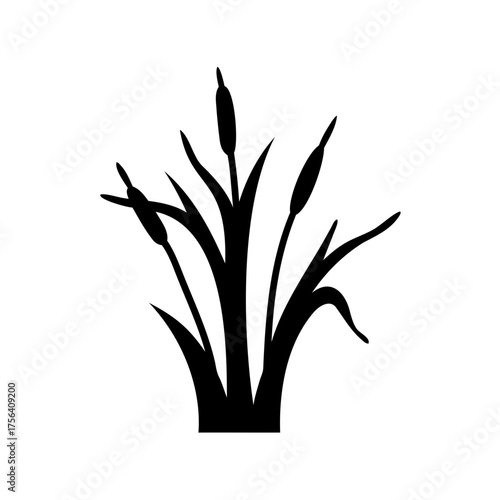 Black silhouette of a cattail plant with leaves isolated on white background