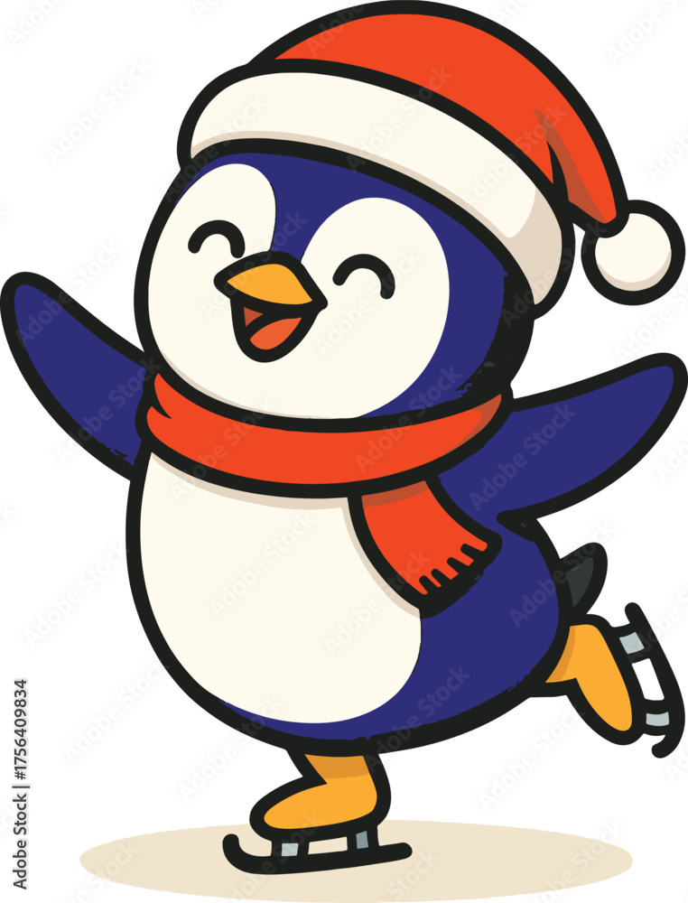 Fototapeta premium Cute cartoon penguin ice skating wearing santa hat and scarf for winter holidays