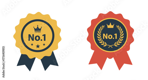 Two colorful badges with number one label and ribbon details shown