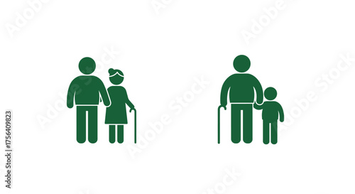 Green silhouettes depict two pairs of people including seniors and children