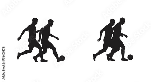 Silhouettes of athletes playing a game with a ball likely soccer