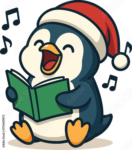 Adorable cartoon penguin wearing santa hat singing christmas carols from a book joyful celebration