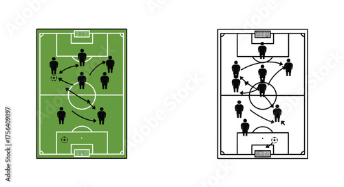 Overhead view of soccer field formations with player movement arrows