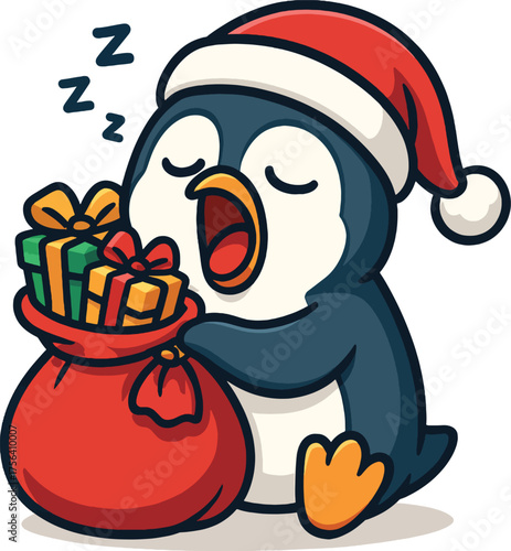 Adorable sleeping penguin with christmas gifts and santa hat cute cartoon character