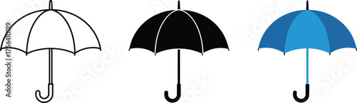 Three different umbrellas showcasing various styles and colors including a sketchy outline a solid black silhouette and a vibrant blue umbrella for protection and weather concepts vector