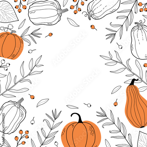 A Frame with Autumn Leaves, Twigs and Pumpkins.