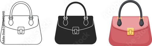 Set of three handbags showing design sketch black leather and pink leather options for fashion and style concepts vector