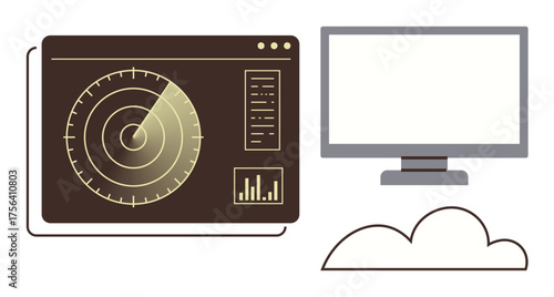 Radar screen with scanning display and analytics, computer monitor, and cloud below. Ideal for technology, communication, surveillance, cybersecurity, innovation monitoring navigation. Clean flat