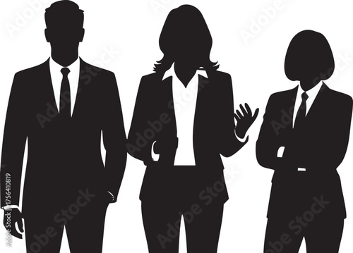 business team silhouette group vector, corporate professional staff meeting icon, black and white business people standing, successful executive management team