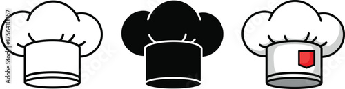 Set of chef hats featuring white outline black silhouette and badge variations for culinary professions and restaurant concepts vector