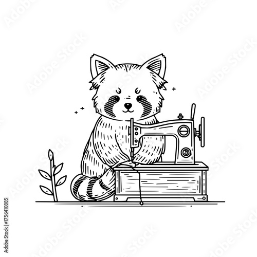 Red panda sewing machine illustration cute animal tailor crafter diy hobbyist seamstress vector art design