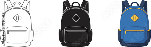 Three backpack styles including a sketch outline a black one and a vibrant blue option for versatile design concepts vector