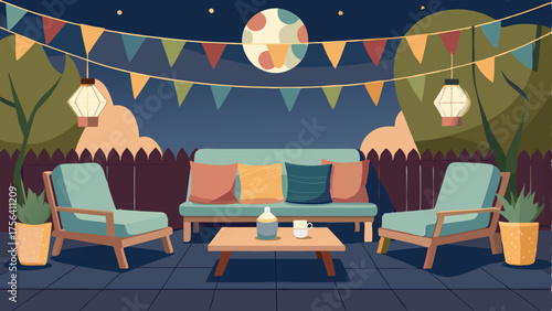 A cozy backyard patio with string lights paper lanterns and colorful patterned throw pillows.