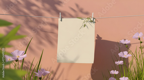A blank piece of paper gently sways on a clothesline, surrounded by beautiful pink flowers against a soft peach background.