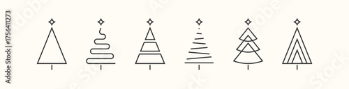 set of minimalistic green christmas tree line flat icon element, abstract geometric winter pattern, icons editable stroke, trees symbol for new year, Christmas design cards, poster, banner vector Xmas