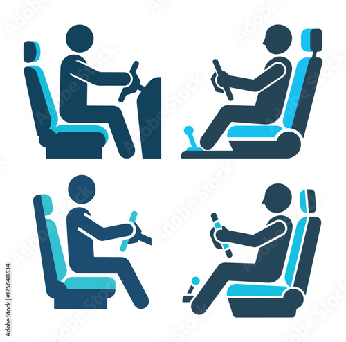 Driver icon set showing person sitting and holding steering wheel. Vector illustration of car driver posture and transportation concept in flat blue style.