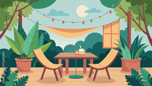 A cozy outdoor patio with a wooden dining table and chairs surrounded by potted plants and string lights. A hammock is suspended between two trees inviting you to relax and enjoy