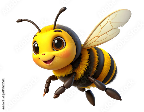   Joyful Flying Bee Character – 3D Cartoon Insect with Big Smile and Tiny Wings Isolated