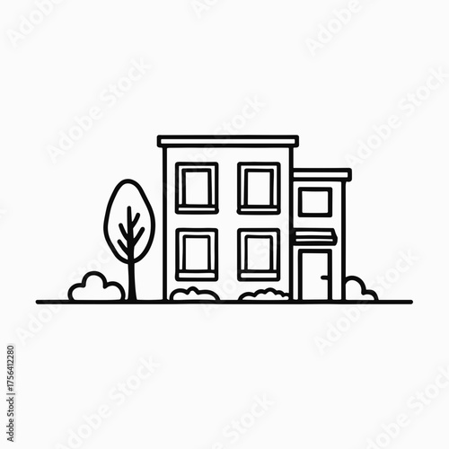 Simple line drawing of a modern house with trees and shrubs  