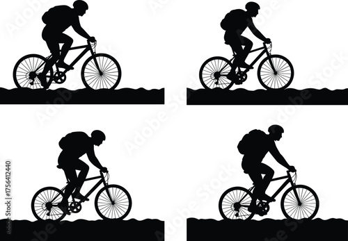 Mountain biking silhouette, rough terrain cycling, outdoor adventure, extreme sport, helmet rider, backpack cyclist, dynamic motion, rugged trail, active lifestyle, nature ride