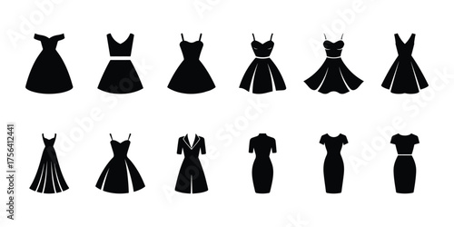 Vector dress silhouette set, Fashionable women’s outfit collection