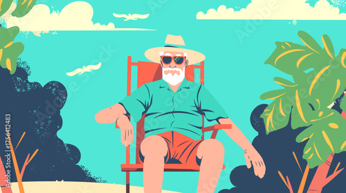 old man is sitting on a beach chair, white clouds in blue sky, green trees, rocks, and a water surface, atmosphere of relaxation. Senior man with sunglasses, hat, shorts. Eldery people on having vacat