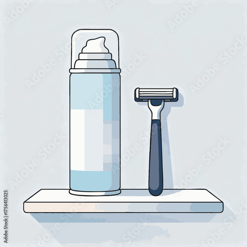 Shaving foam canister and razor on shelf. Men's grooming tools. Personal hygiene and beauty routine. Daily skin care for man illustration vector
