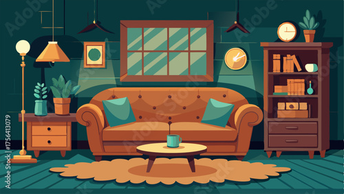 A cozy den with a mix of vintage leather and modern velvet furniture.