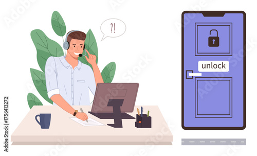 Man wearing a headset at a desk with a computer, helping resolve accessibility concerns. Door with lock icon signifies security or restricted access. Ideal for tech support, cybersecurity, help desk