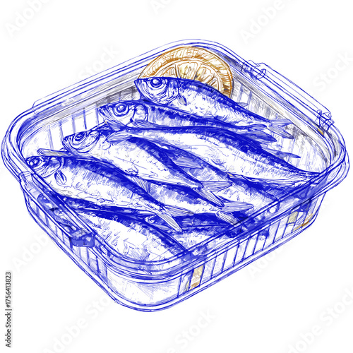 Anchovy tin with fish and lemon on a white background in a detailed illustration style