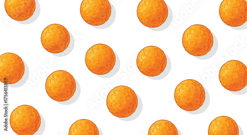 Seamless pattern of cartoonish orange cheese balls on a white surface
