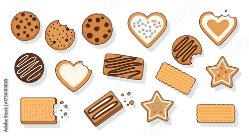 Assorted cartoon style cookies and biscuits set on white background