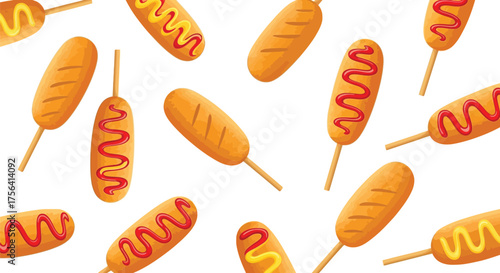 Festive Corn Dog Delight: A Cartoon Pattern of American Street Food