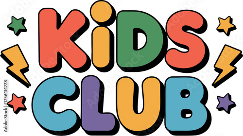 Colorful kids club logo with stars and lightning bolts isolated on white background