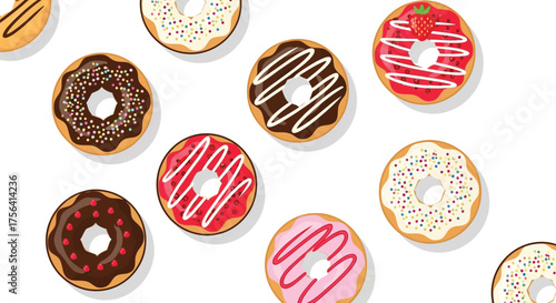 Delicious Assorted Doughnuts with Glaze and Sprinkles on Seamless Pattern