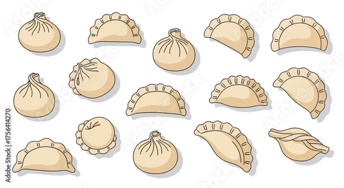 Appetizing Assortment of Hand-Drawn Dumplings Isolated on White Canvas