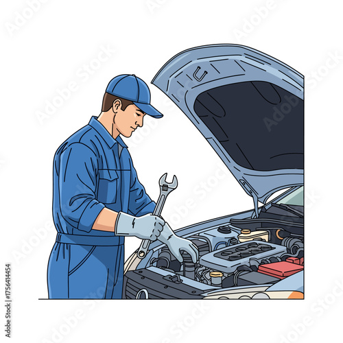Auto Mechanic Repairing Engine Vector