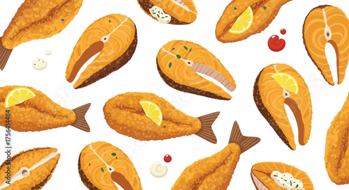 Crispy fried fish pattern with lemon slices and flavorful accompaniments