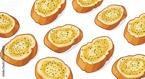 Delicious garlic bread slices with herb garnish seamless illustration