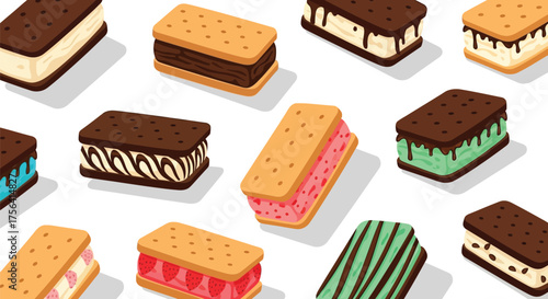 Variety of colorful and flavorful ice cream sandwiches seamless pattern design