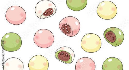 Colorful assortment of Japanese Mochi seamless pattern on a white background