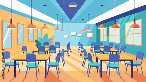 A brightly lit room with tables and chairs set up for a community meeting.