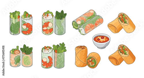 Delicious assortment of spring rolls and fresh ingredients illustration
