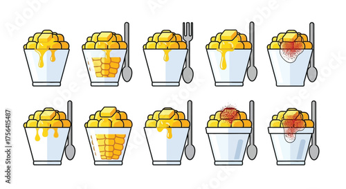 Vector sweet corn cups illustrations set with chili powder or spices