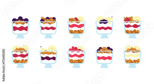 Assortment of delightful yogurt parfaits with various fruits and granola layers