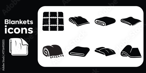 Blanket icon set. Collection of folded throws, quilts, and comforters. Cozy home textile and bedding glyph symbols for comfort and warmth.