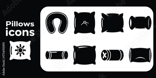 Pillow icon set. Collection of various cushion types, including travel neck pillow, bolster, and bed pillows. Simple comfort and sleep glyph symbols.