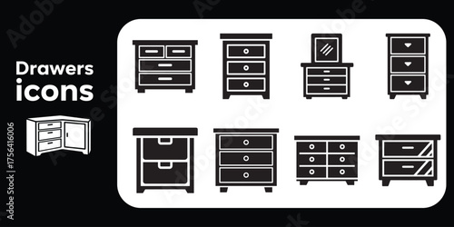 A vector icon set of dresser and chest of drawers silhouettes. Black minimalist symbols of bedroom and home storage furniture for interior design.
